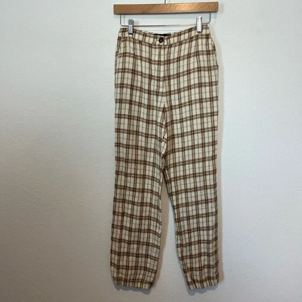 Reformation Verano Beige Plaid Cropped High Waisted Pants Women's Size 2